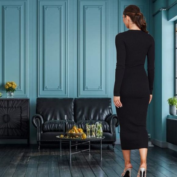 Button Front Ribbed Long Dress - Picture 5 of 7